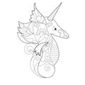 Contour linear illustration with sea horse for coloring book. Cute seahorse, anti stress picture. Line art design for adult or kid